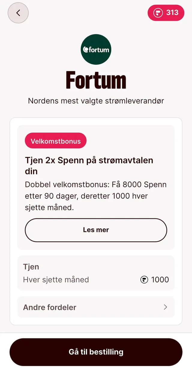 Fortums tilbud i Spenn-appen: dobbel velkomstbonus på 8000 Spenn etter 90 dager, deretter 1000 Spenn hver sjette måned, og knappen «Gå til bestilling»